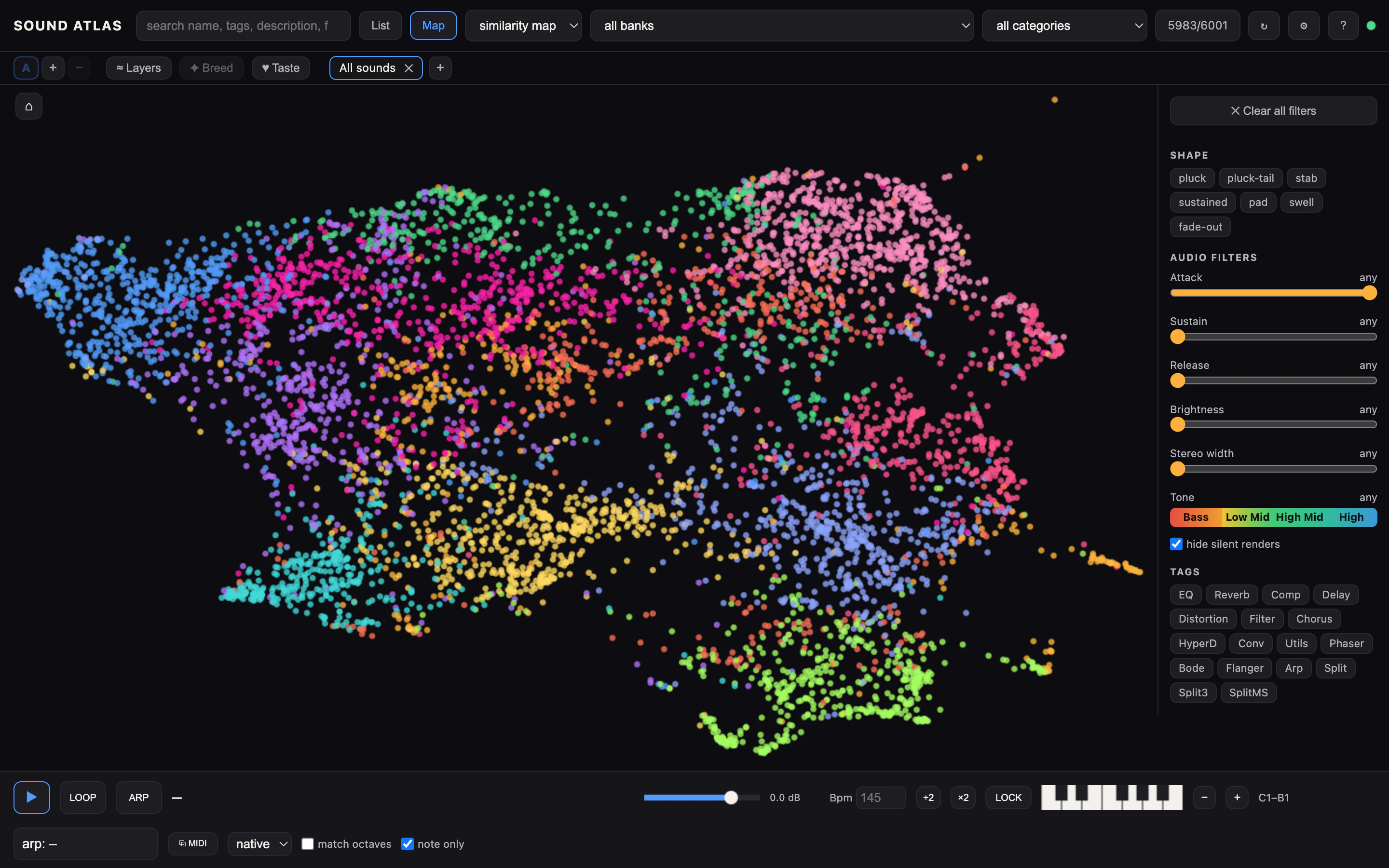 Sound map view where every dot is a preset and colours group families of sound.